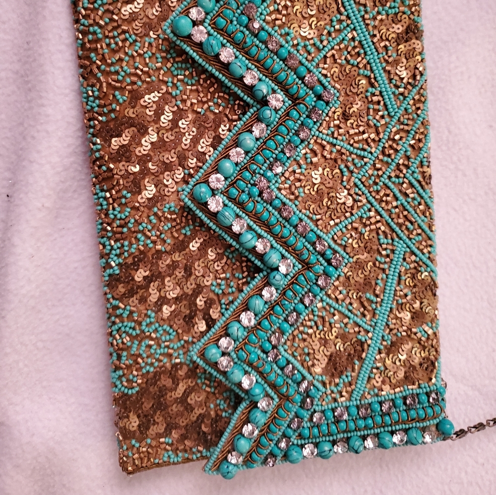 Crossbody clutch purse with rhinestones turquoise - Picture 3 of 5